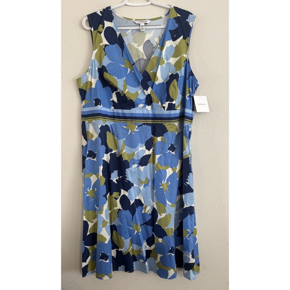 Croft & Barrow Women's 1X Blue Floral Sleeveless V Neck Fit Flare Dress NWT
